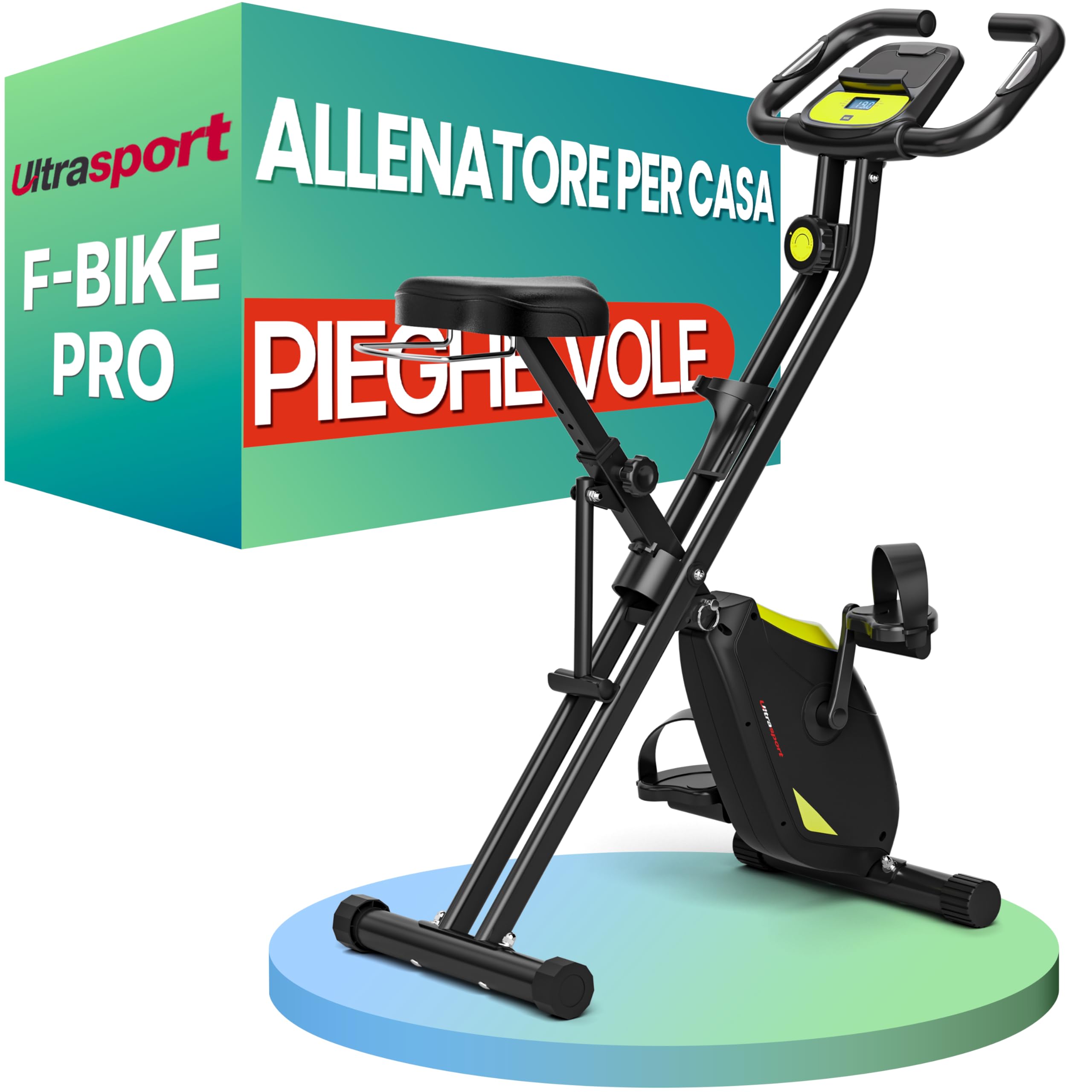 Ultrasport F-Bike Pro Cyclette da Casa Pieghevole I Cyclette Pieghevole da Casa fino a 150 KG con 16 Livelli, Sella Extra Confortevole, Funzione App, LCD Display e Sensori, Cyclette da Camera