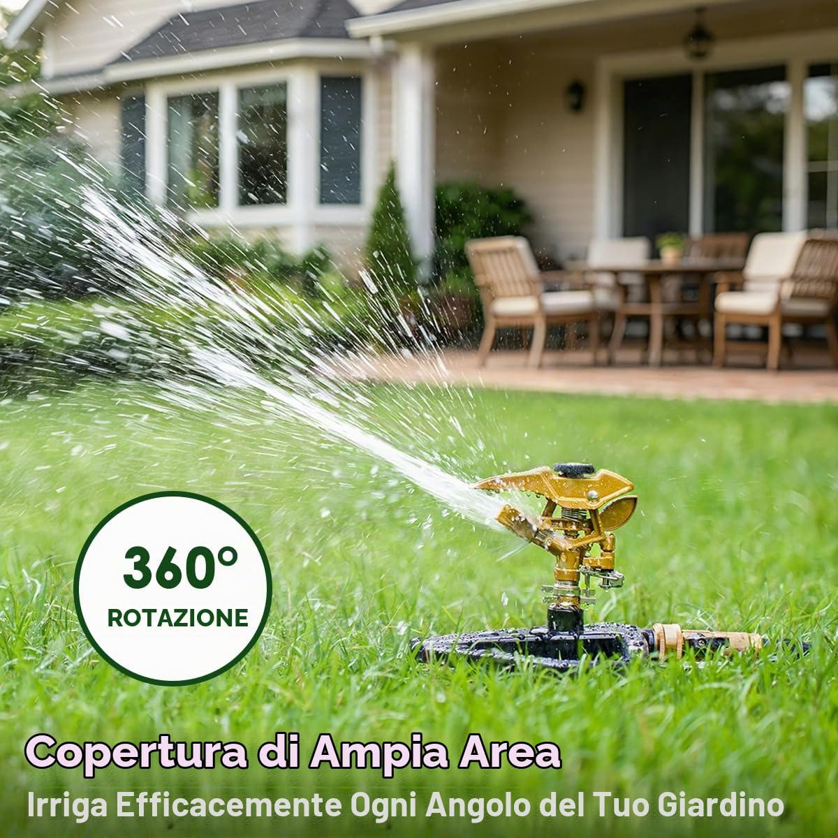 FANHAO Irrigatore da Giardino con base in Metallo, Testina Irrigatore a Impulsi Regolabile a 360° Interamente, Copertura di Ampia Area Fino a 540 m², Ideale per Giardino, Cortile e Aiuole