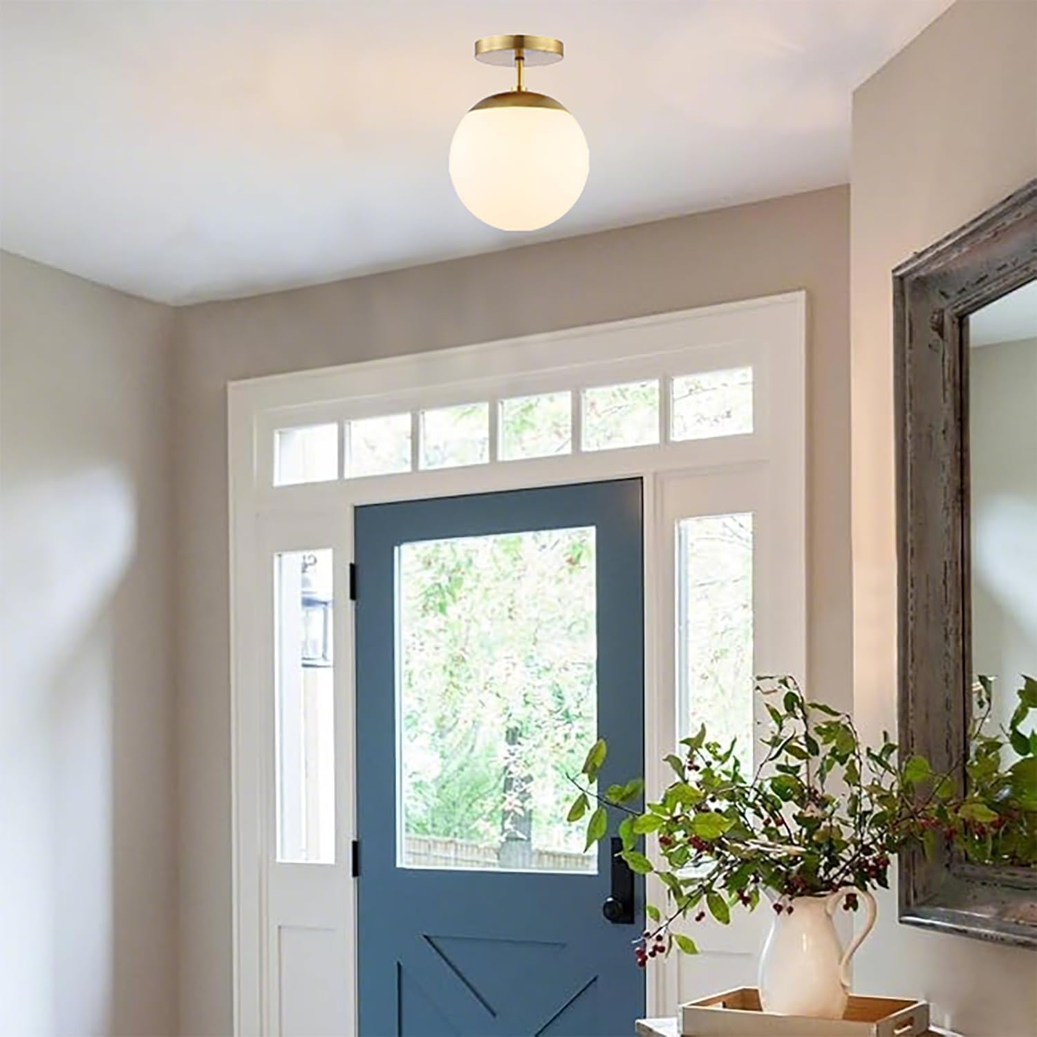 Globe Semi Flush Mount Ceiling Light Fixture Globe Ceiling Light Milk Glass Matte Gold Finish Contemporary Mid Century Modern Lighting for Hallway Living Room Kitchen (Gold 8″)