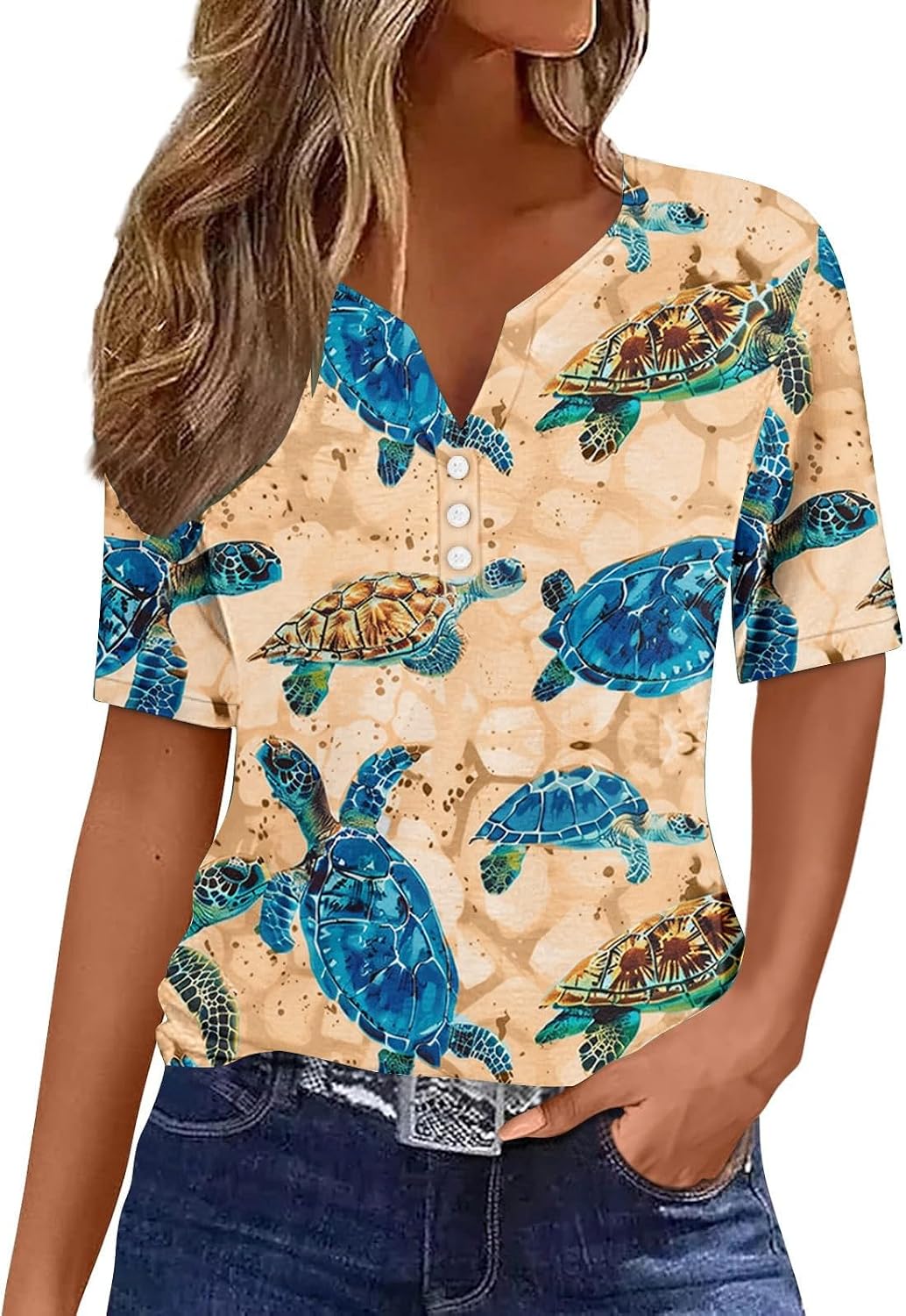 Women's Short Sleeve Tops Summer Fashion Animal Print T Shirt Casual V Neck Button Blouses Sea Turtle Graphic Tees