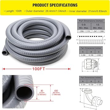 DWALE Liquid-Tight Conduit and Connector Kit,Flexible Non Metallic Liquid Tight Electrical Conduit,3/4inch 100ft Electrical Conduit Kit,with 5 Straight and 3 Angle Fittings Included,3/4 in. Dia