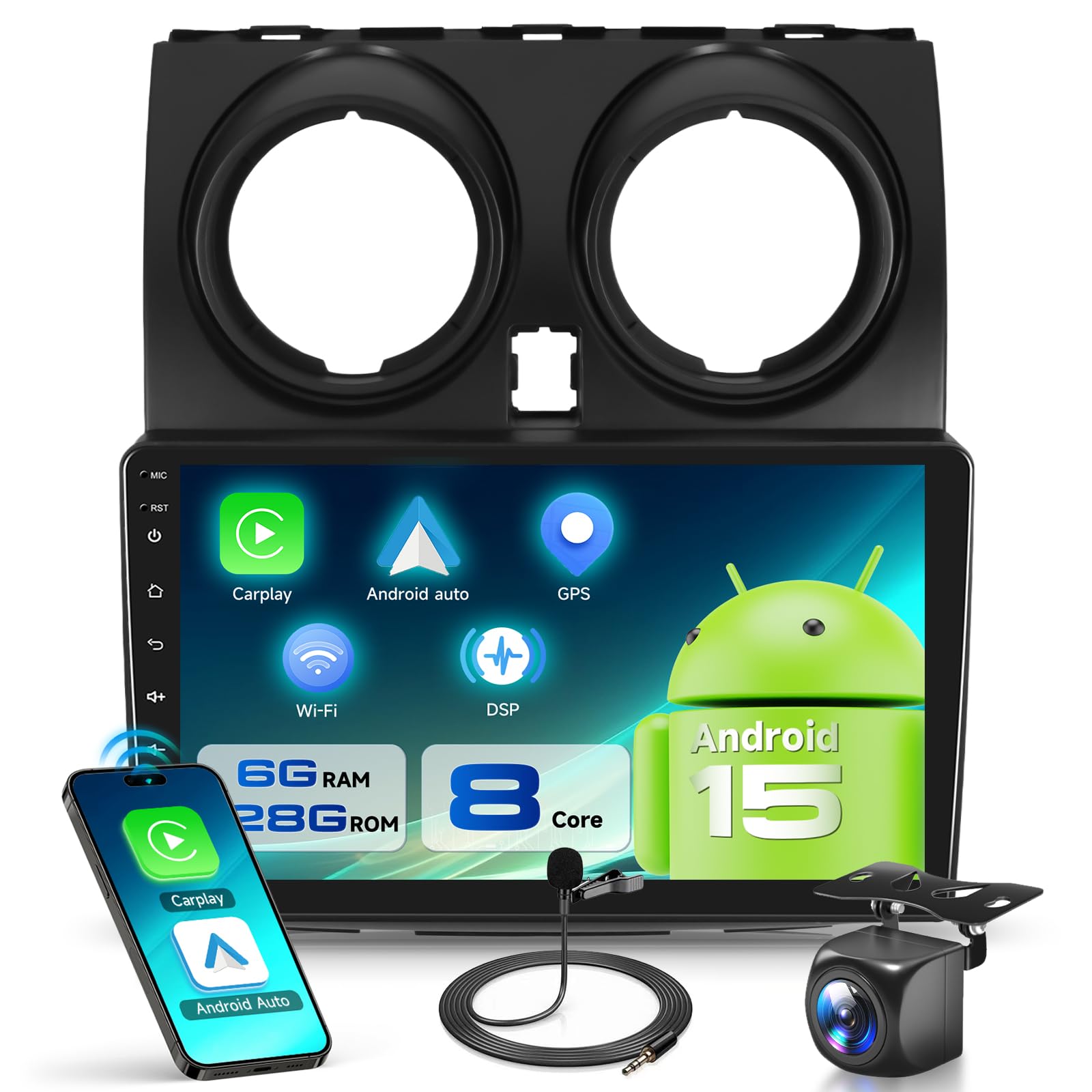 VECHTEL 8 CORE 6G+128G Autoradio Android 15 per Nissan Qashqai J10 2006-2016, 9" HD IPS Touchscreen Stereo Auto co DSP Carplay Android Auto senza Fili GPS Wi-Fi Bluetooth Radio FM RDS Retrocamera