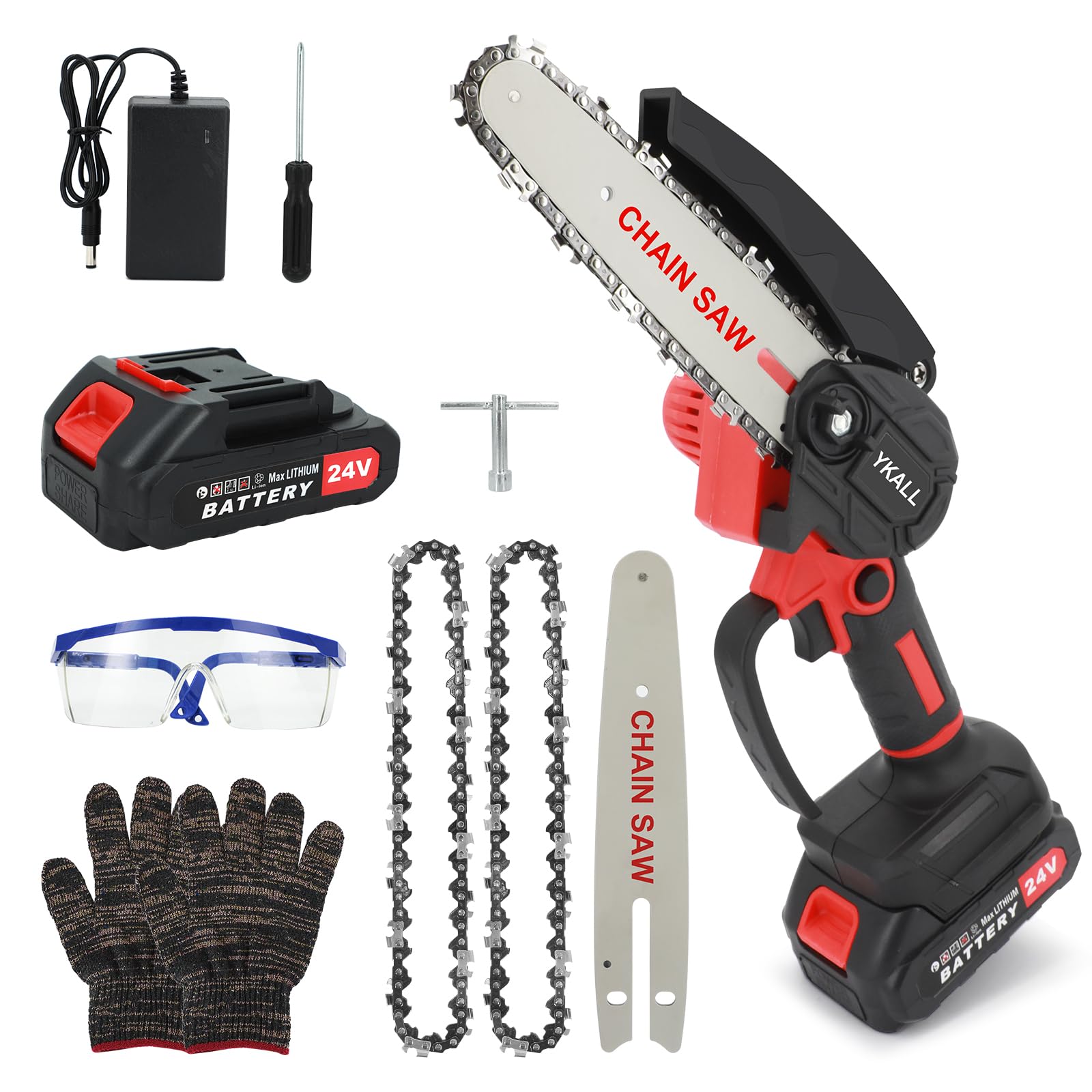 Motosierra 6" 2 Baterías y 2 Cadenas, Corta sin Esfuerzo | Motor 550W y cadena de alto rendimiento para cortar ramas gruesas. 2 baterías dan 90 min de uso. Bloqueo de seguridad.