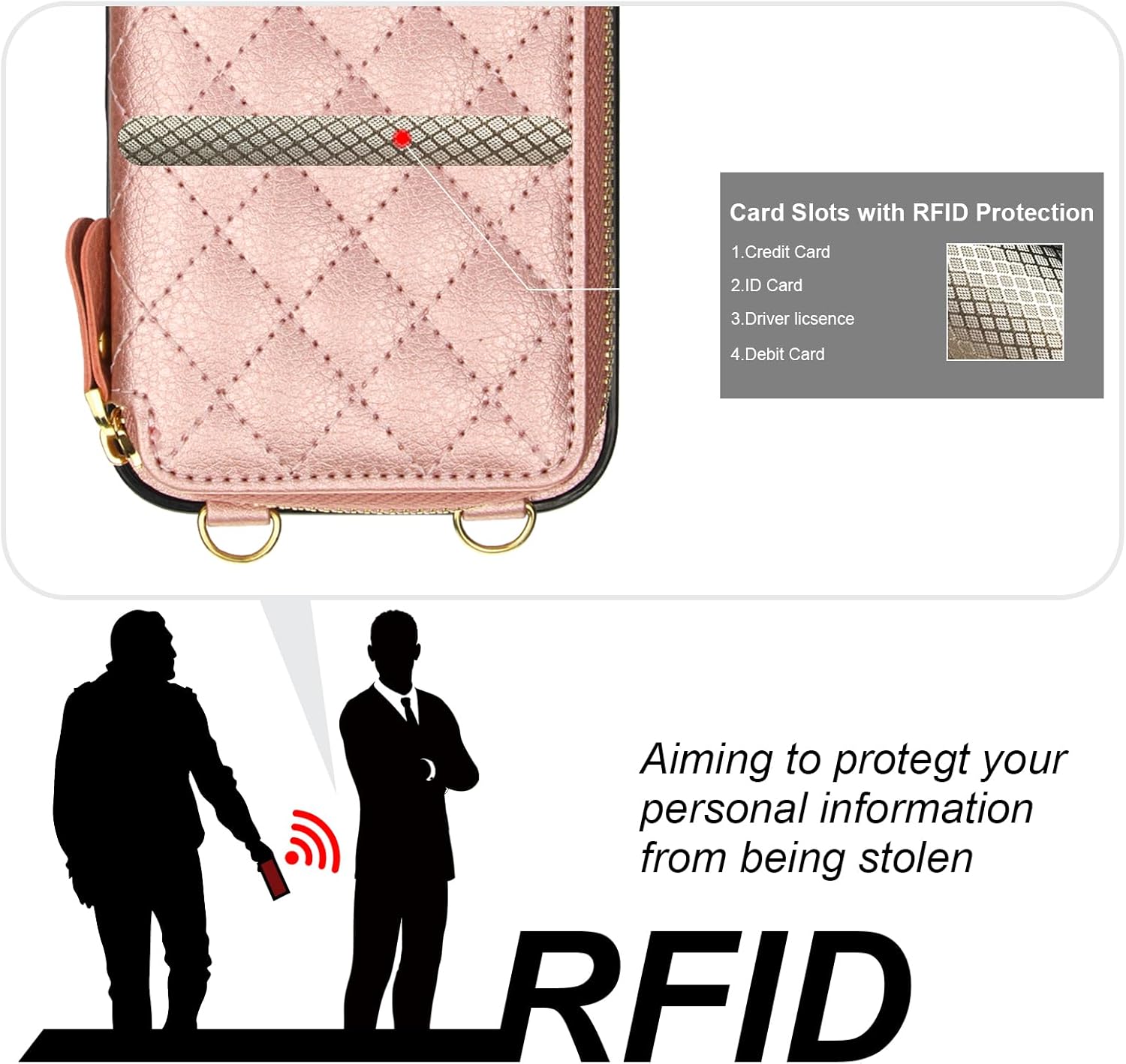 Bocasal Crossbody Wallet Case for iPhone 16 Plus, RFID Blocking PU Leather Zipper Handbag Purse Flip Cover, Kickstand Folio Case with Card Slots Holder Wrist Strap Lanyard 5G 6.7 Inch (Rose Gold)