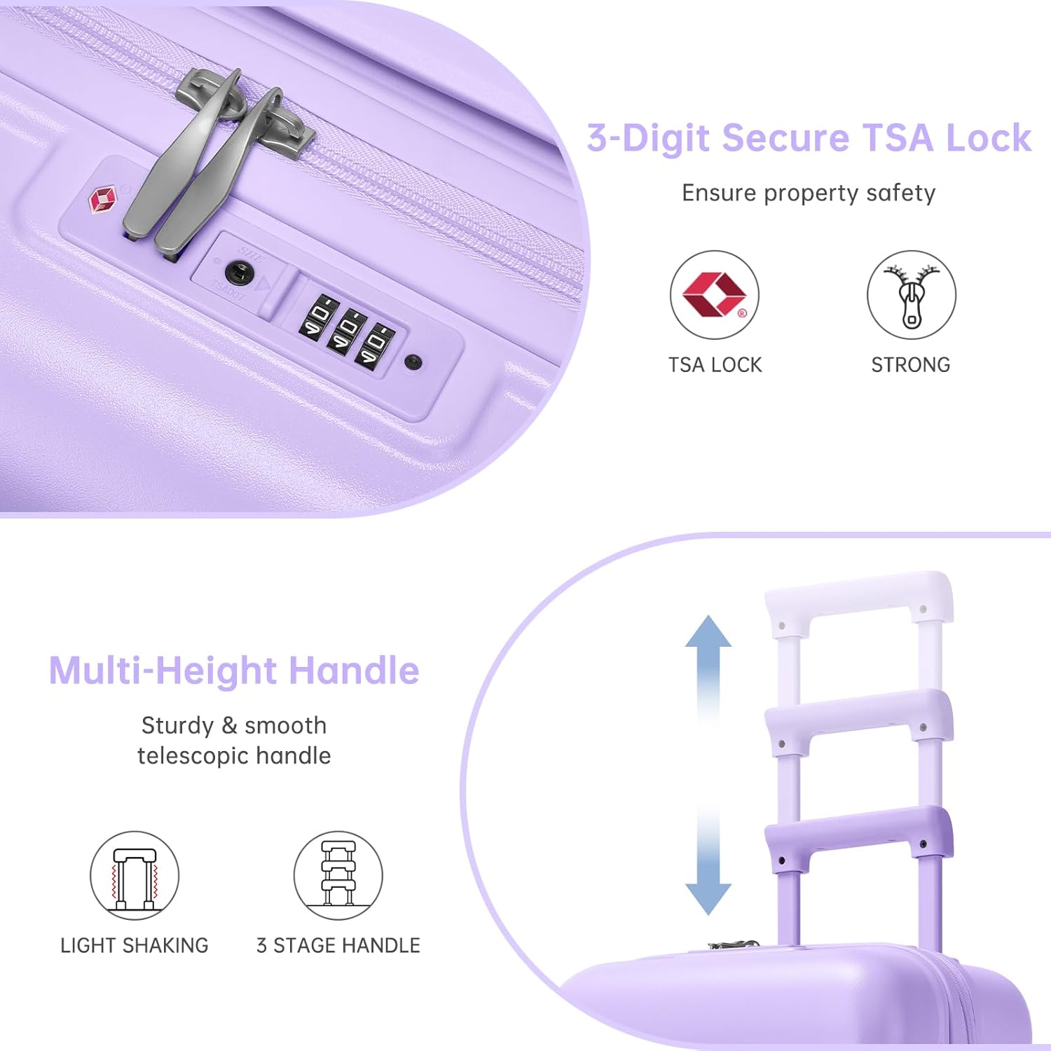 Luggage Sets 3 Piece, Carry On Luggage 22x14x9 Airline Approve PC Hardside Suitcase Set with Wheels TSA Lock, Durable Carry-On Suitcase with Duffel Bag for Women (Lavender)