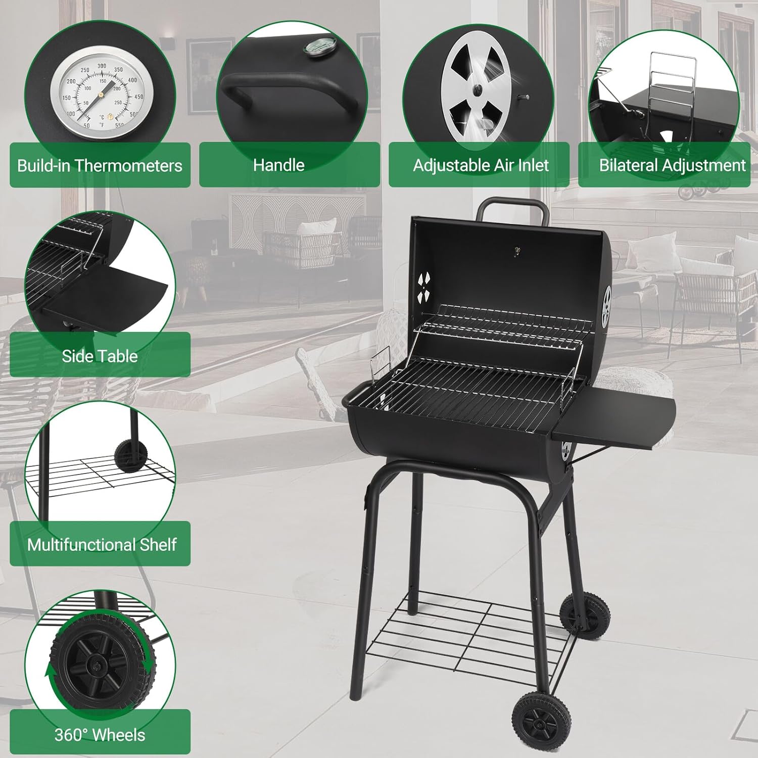 Barrel Charcoal Grill Outdoor BBQ Barbecue Backyard with Foldable Side Table