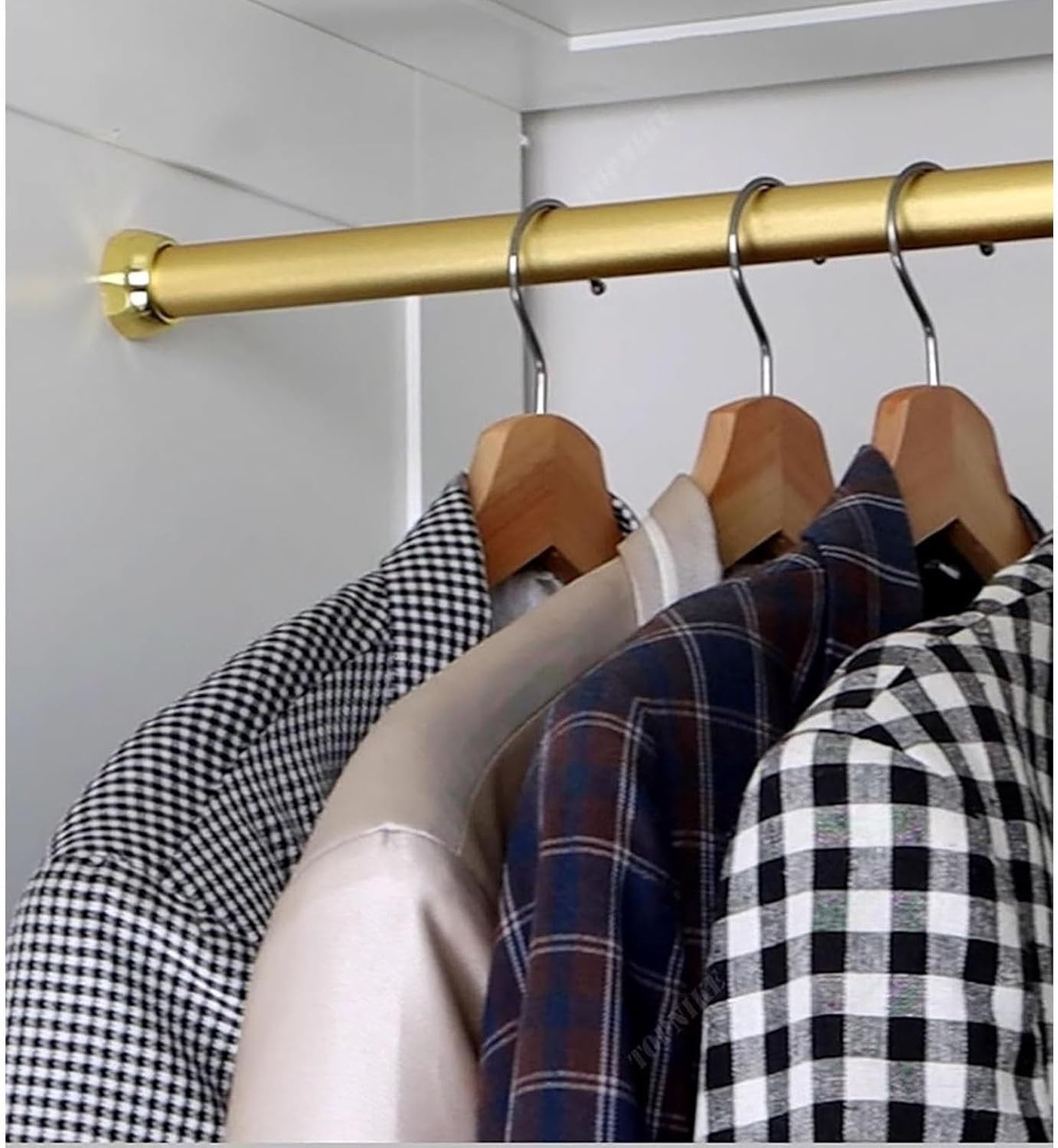 Hanging Rod Closet Rod Brackets, Heavy Duty Hanging Clothes Rack, Removable Clothing Valet Pole Bar Wardrobe Rail(Champagne,60cm(23 5/8"))
