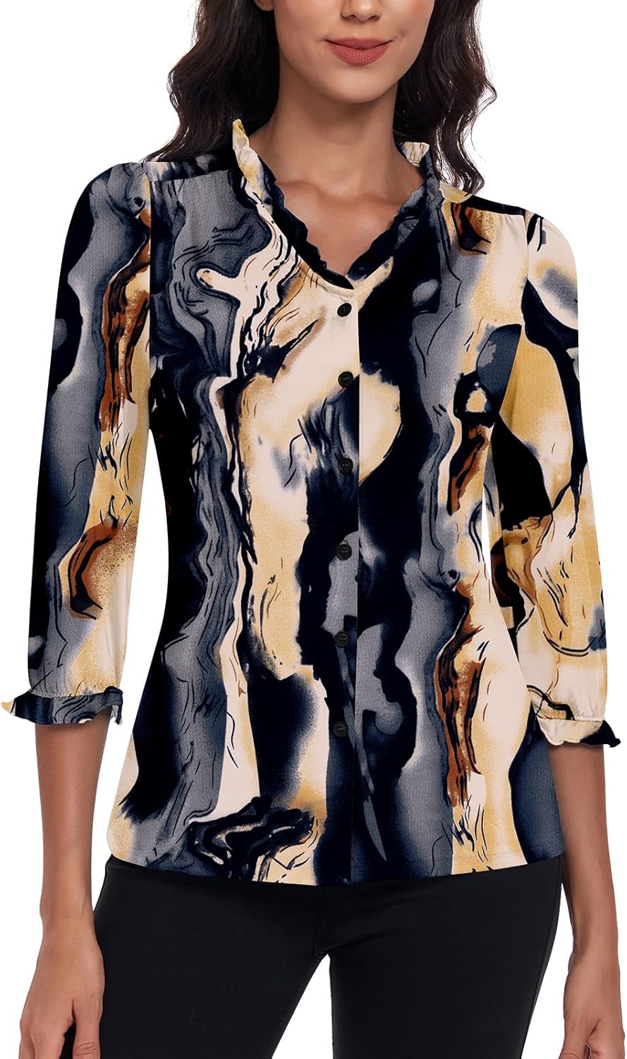 WOWENY Womens 3/4 Length Sleeve Top Shirts V Neck Button Down Blouses Business Dressy Causal Work Office Ruffle Tee - Image 7