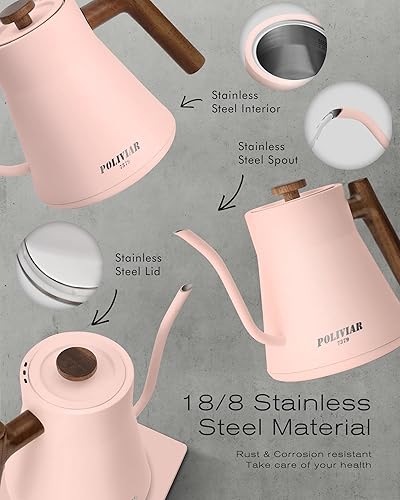 Miniatura 2 de POLIVIAR - Hervidor eléctrico de cuello de cisne, hervidor eléctrico de 1200 W, mango de madera real, hervidor eléctrico de 34 onzas para café y té,