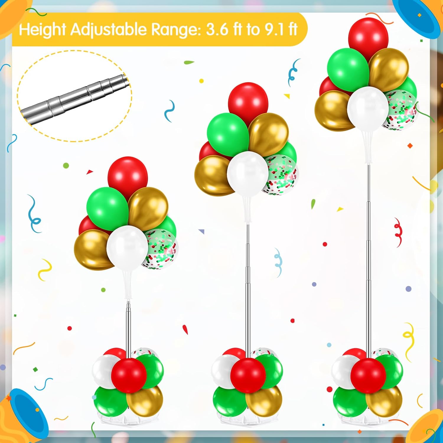 Kasyat 8 Sets 9.1ft Balloon Column Stand Kit for Floor Adjustable Balloon Pillars Arch Tower with Weight Base and 50 Rings Metal Backdrop Stands for Baby Shower Party