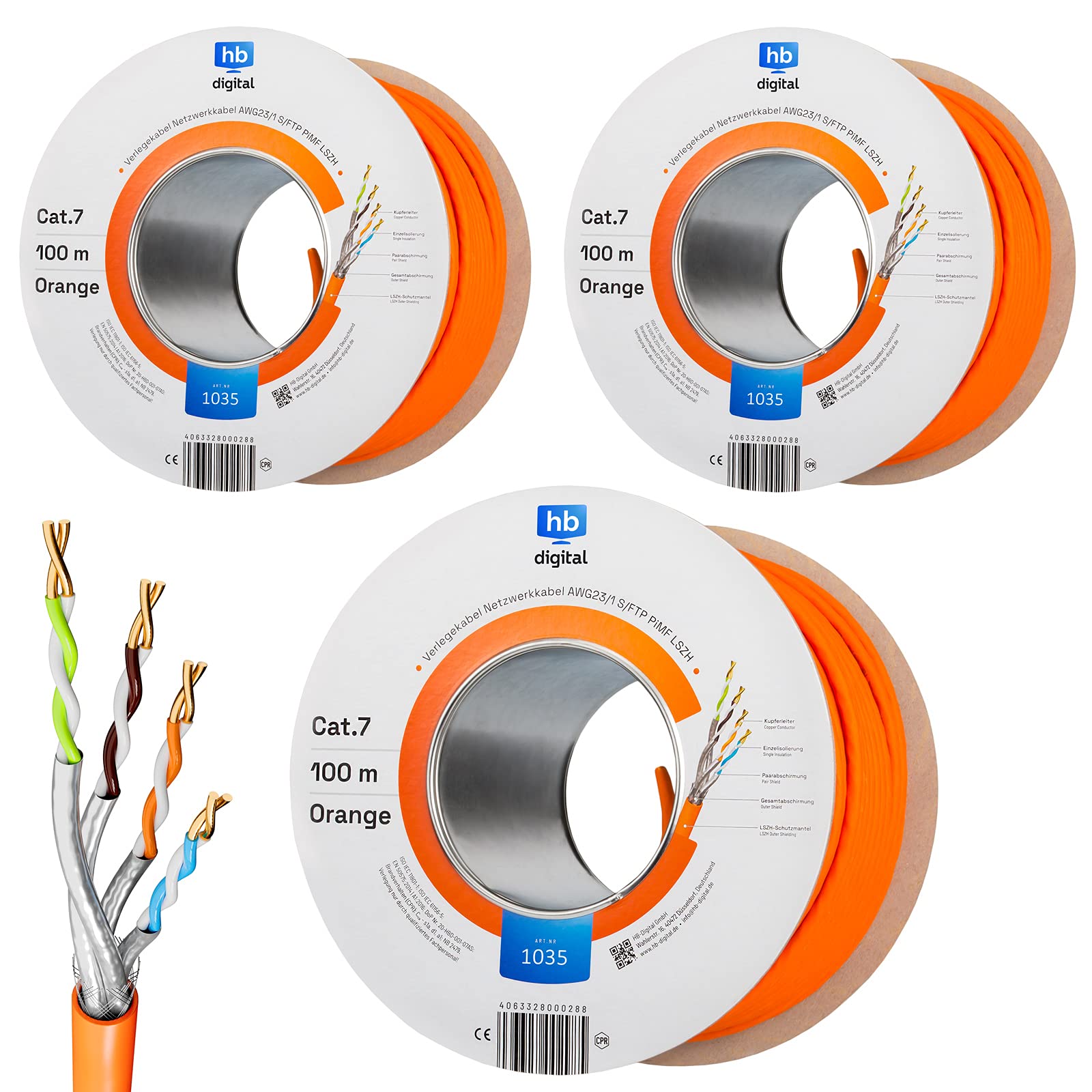 HB-DIGITAL SET 300 m Cavo di rete CAT.7 (3 x 100 metri), cavo di installazione LAN, AWG23, in puro rame S/FTP LSZH, senza alogeni, RoHS-Compliant Ethernet PoE 10 Gbit/s, certificato GHMT arancione