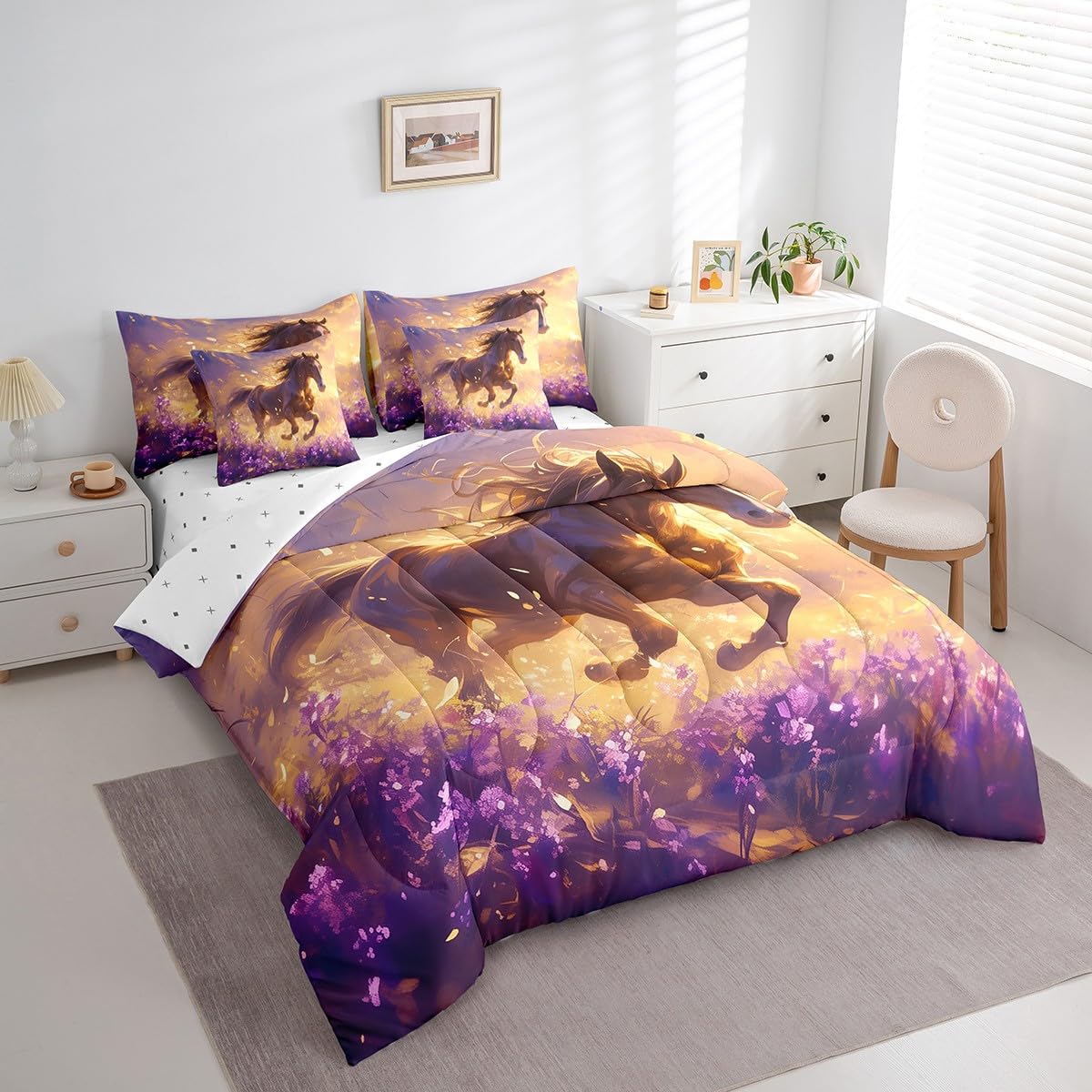 Feelyou Horse Comforter Set with Sheets Purple Floral Flowers 7 Piece Bedding Set for Kids Boys Girls Wildlife Animal Horse Bed in a Bag Soft Bed Set Twin Size