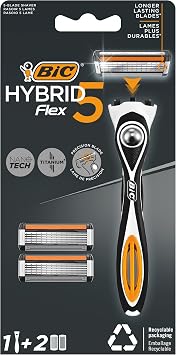 BIC Hybrid 5 Flex Men's Razor 1 Handle and 2 Replacement Heads (5 Blades), 5 Nano Technological Titanium Blades, Large Lubricant Tape Enriched with Vitamin E