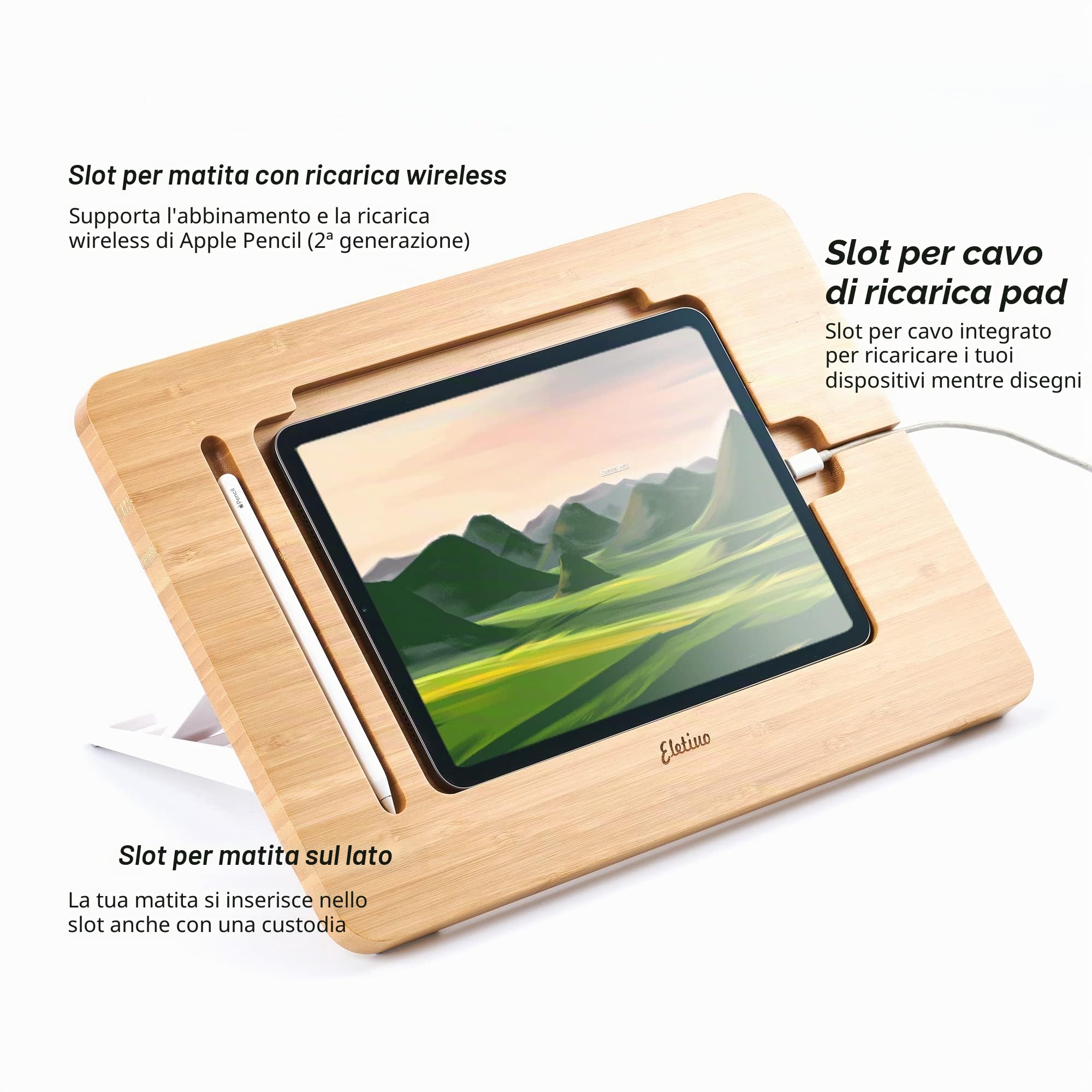ELETIUO Supporto per iPad da disegno in legno di bambù aggiornato con slot per matita e cavo di ricarica, tablet desktop regolabile multi-angolo, supporto portatile pieghevole, compatibile con iPad