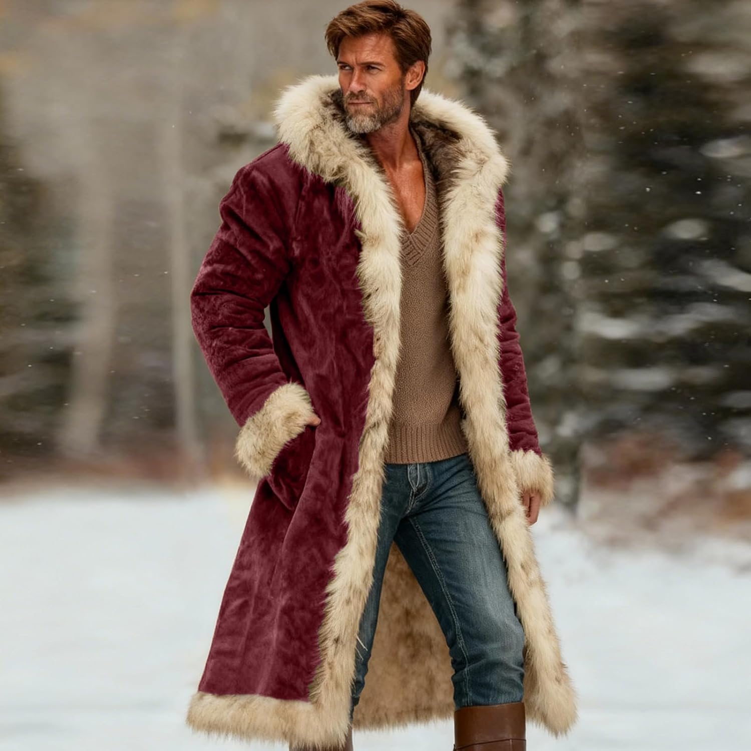 Hawyet Mens Santa Claus Coat Xmas Faux Fur Trim Long Cardigan Jacket Winter Heavyweight Sherpa Lined Trench Coats