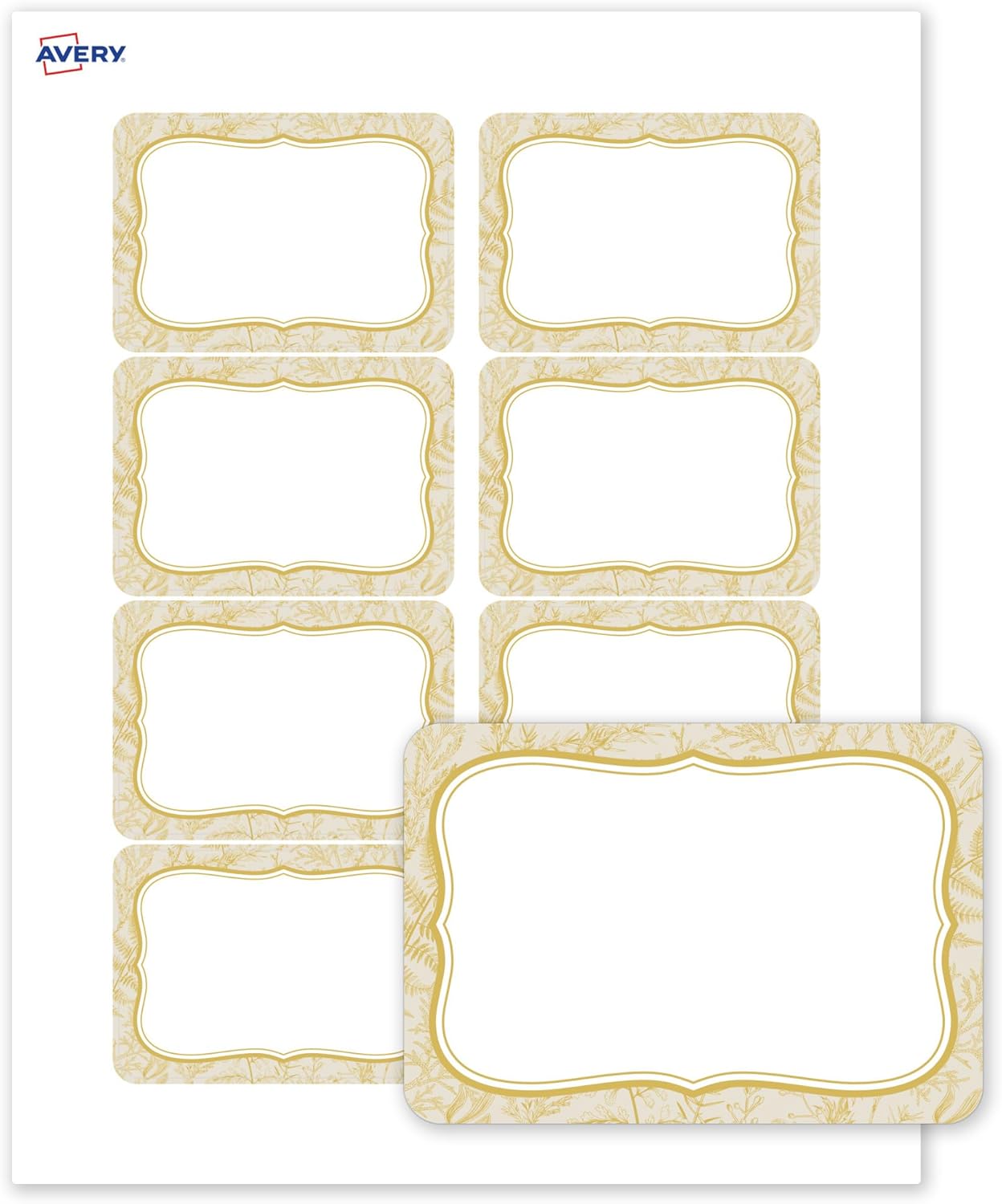 Avery Printable Adhesive Name Tags, 2-1/3" x 3-3/8", Matte White, Pre-Printed Flourished Metallic Gold Florals Design, Laser & Inkjet Compatible, 160 Total