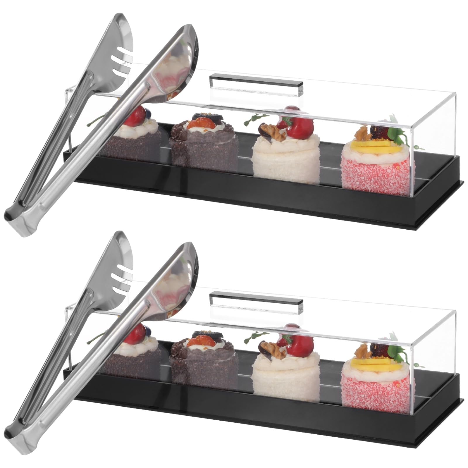 Photo 1 of 2 Pcs Rectangular Acrylic Cake Stand with Lid, 14 in Serving Tray with Lid and Handle, Black Base Pastry Display Case with 2 Pcs Stainless Steel Serving Tongs