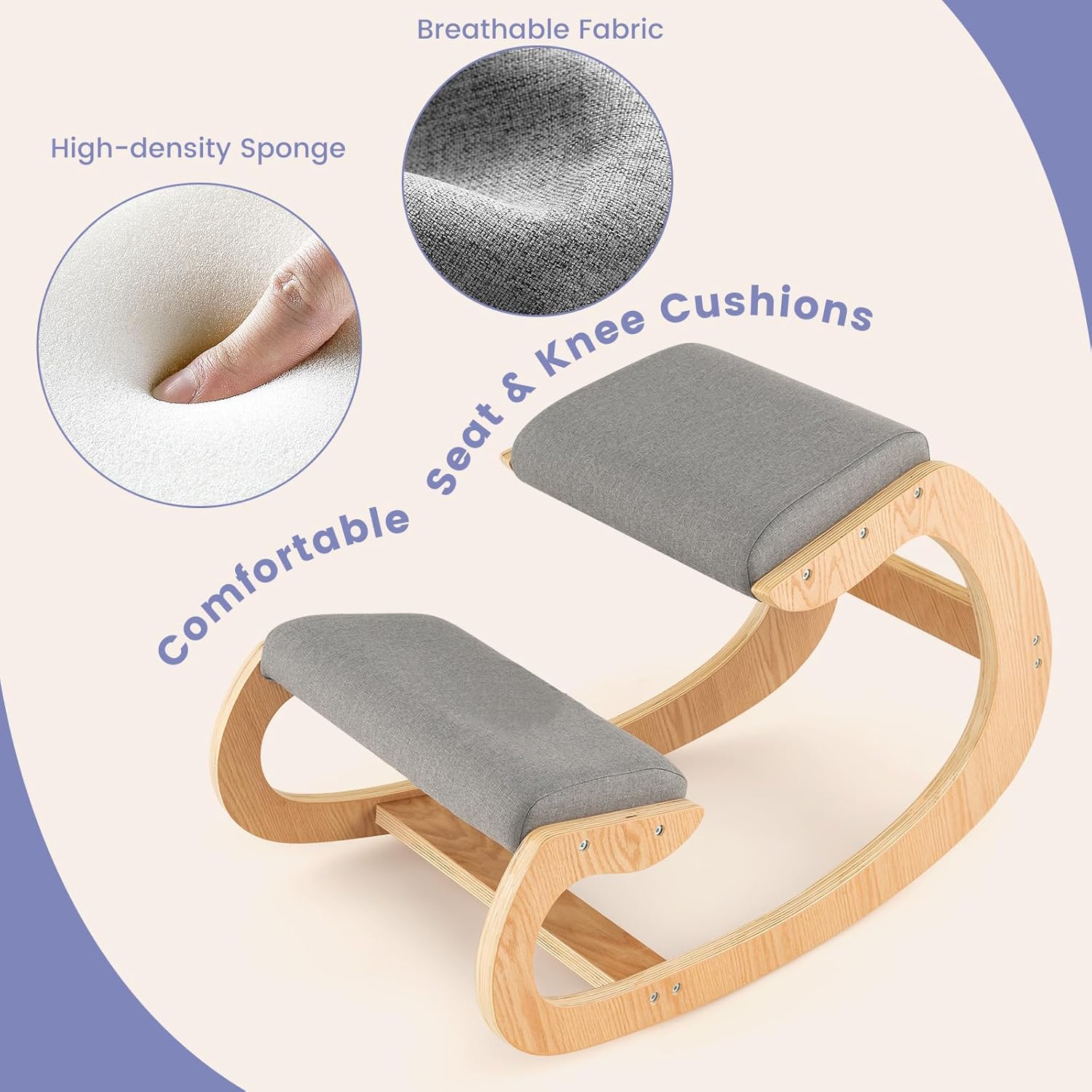 GOFLAME Ergonomic Kneeling Chair, Wooden Rocking Knee Chair with Comfortable Padded Seat Cushion & Knee Support for Home Office, Upright Posture Support Chair for Back Pain Relief (Gray)