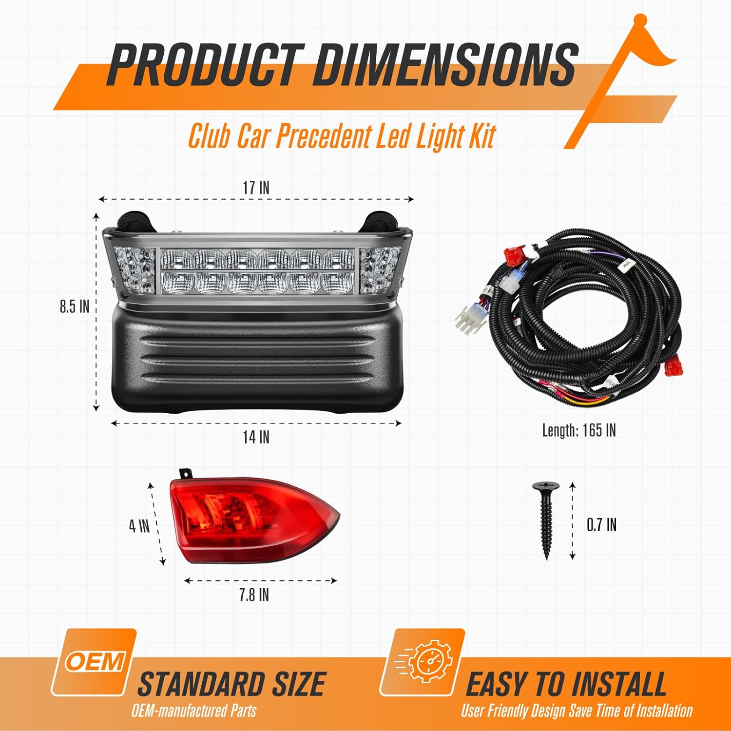 Golf Cart Headlight and Taillights Kit for Club Car Precedent 2004-Up Electric Models, 12V Club Car Light Kit- OEM# 102524801, 1025290-01, Includes Headlight, Taillights, Wiring Harness