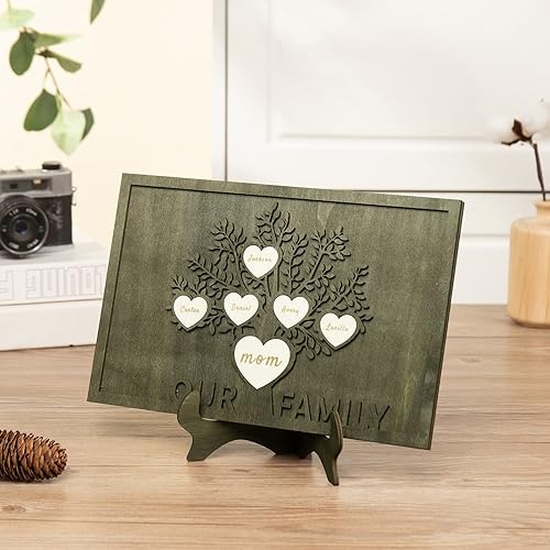 Vista 243 de Árbol genealógico con etiqueta de corazón, placas de madera grabadas personalizadas, regalos personalizados para madres, padres, escritorio, nombres