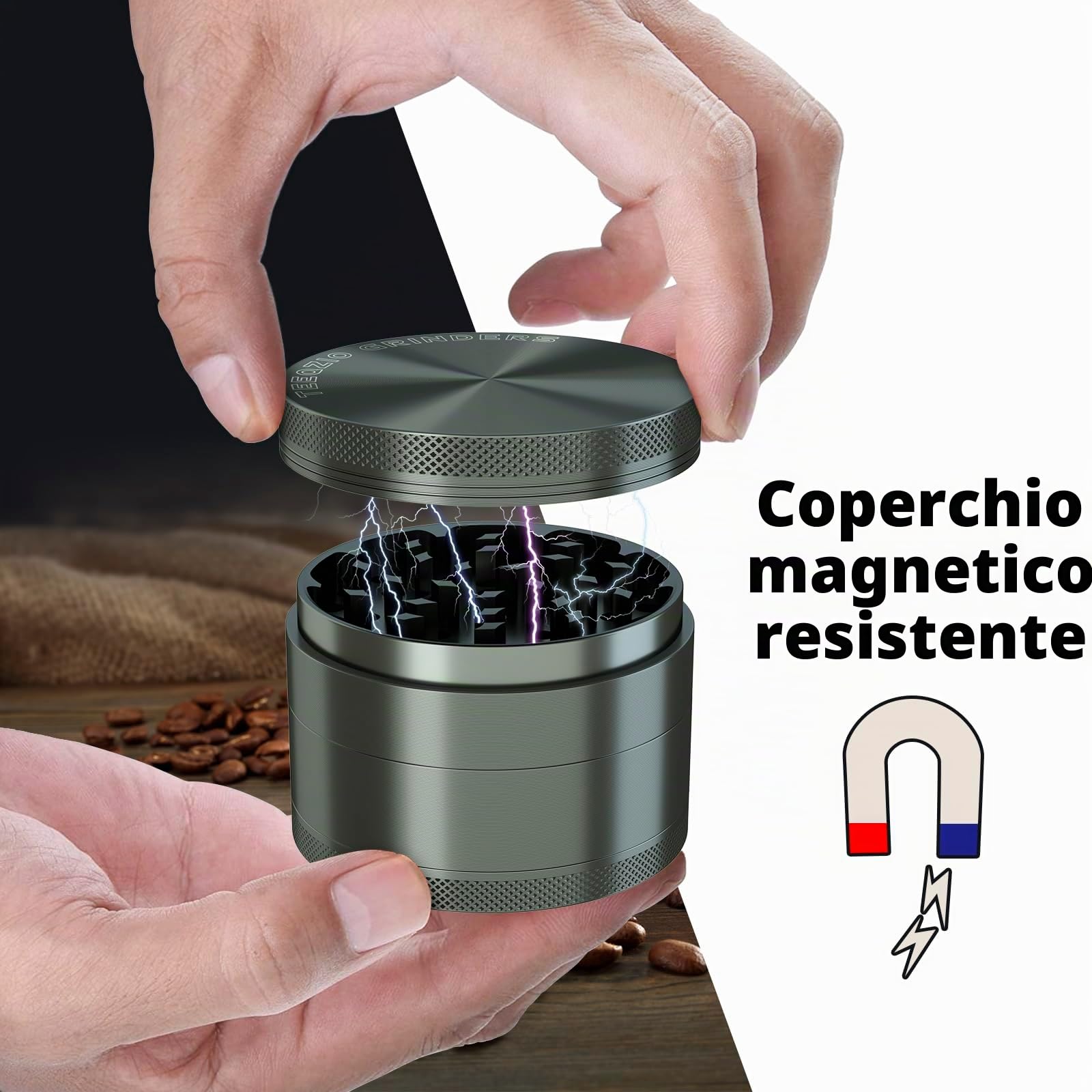 Spezie Erbe Grinder Polline Grinder Crusher Ø 75 mm in Lega di Alluminio - 4 Parti - Denti a Diamante, per Spezie, Erbe, Caffè con Raschietto & Spazzola (Grigio)