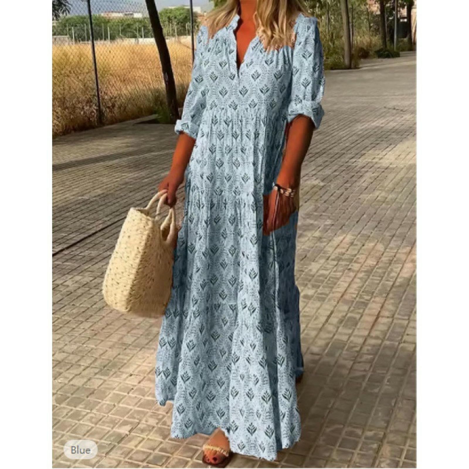 Damska letnia sukienka damska V Warstwa Długi rękaw Vintage Plus Size Luźna-Niebieski-l