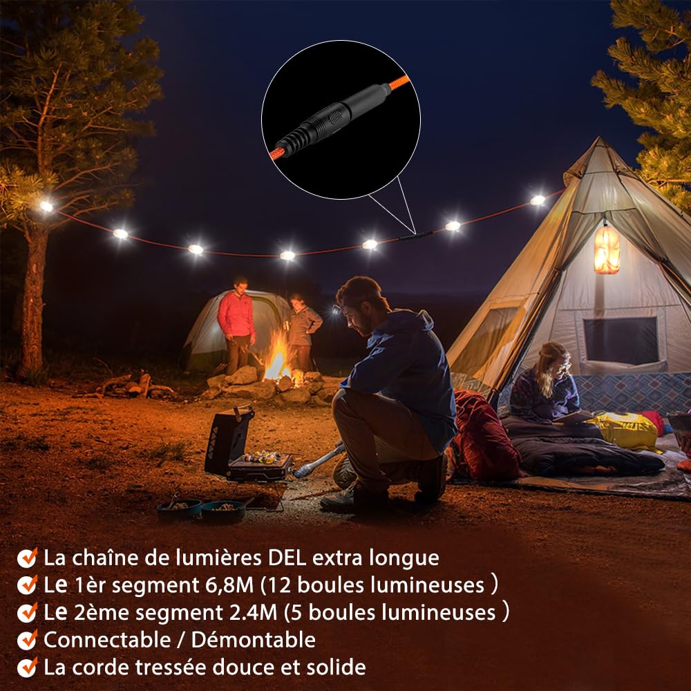Lichterkette, für den Außenbereich, mit Akku, USB, wiederaufladbar, solarbetrieben, 12 + 5 LEDs, 9 m, abnehmbar, 7 Leuchtmodi, verstellbar, Lampe für Camping, Zelt und Haus.