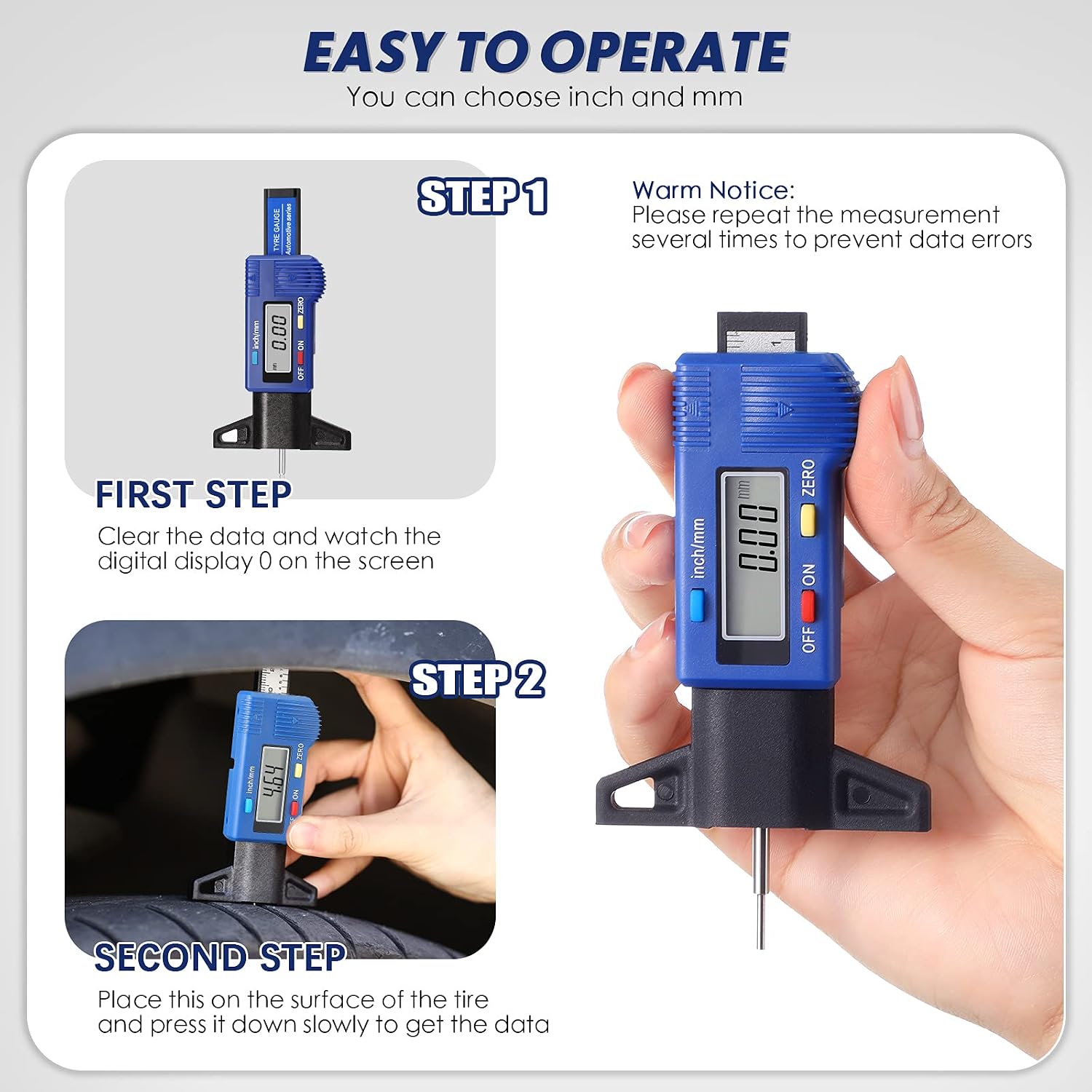 LCD Display Tire Thread Measuring Gauge Digital Tire Depth Gauge Tire Tread Depth Gauge Digital Tread Depth Gauge Blue Tire Wear Gauge Tread Checker with Inch MM Conversion for Motorcycle Car Truck