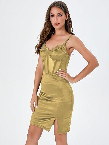 Miniatura 6 de WDIRARA Minivestido de encaje transparente de satén con abertura dividida para mujer