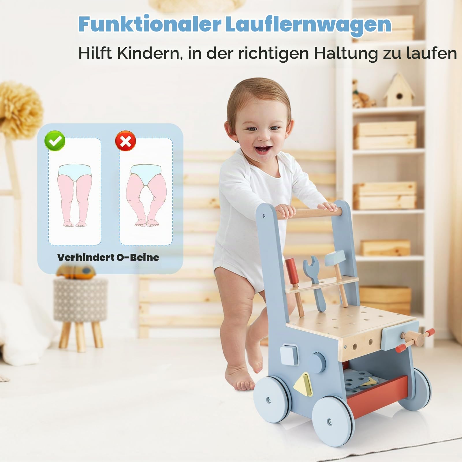 FANTASK 2 in 1 Lauflernwagen, Lauflernhilfe aus Holz, Montessori Kinder Werkbank Spieltisch, Multi-Aktivitätszentrum für Kinder ab 1 Jahr