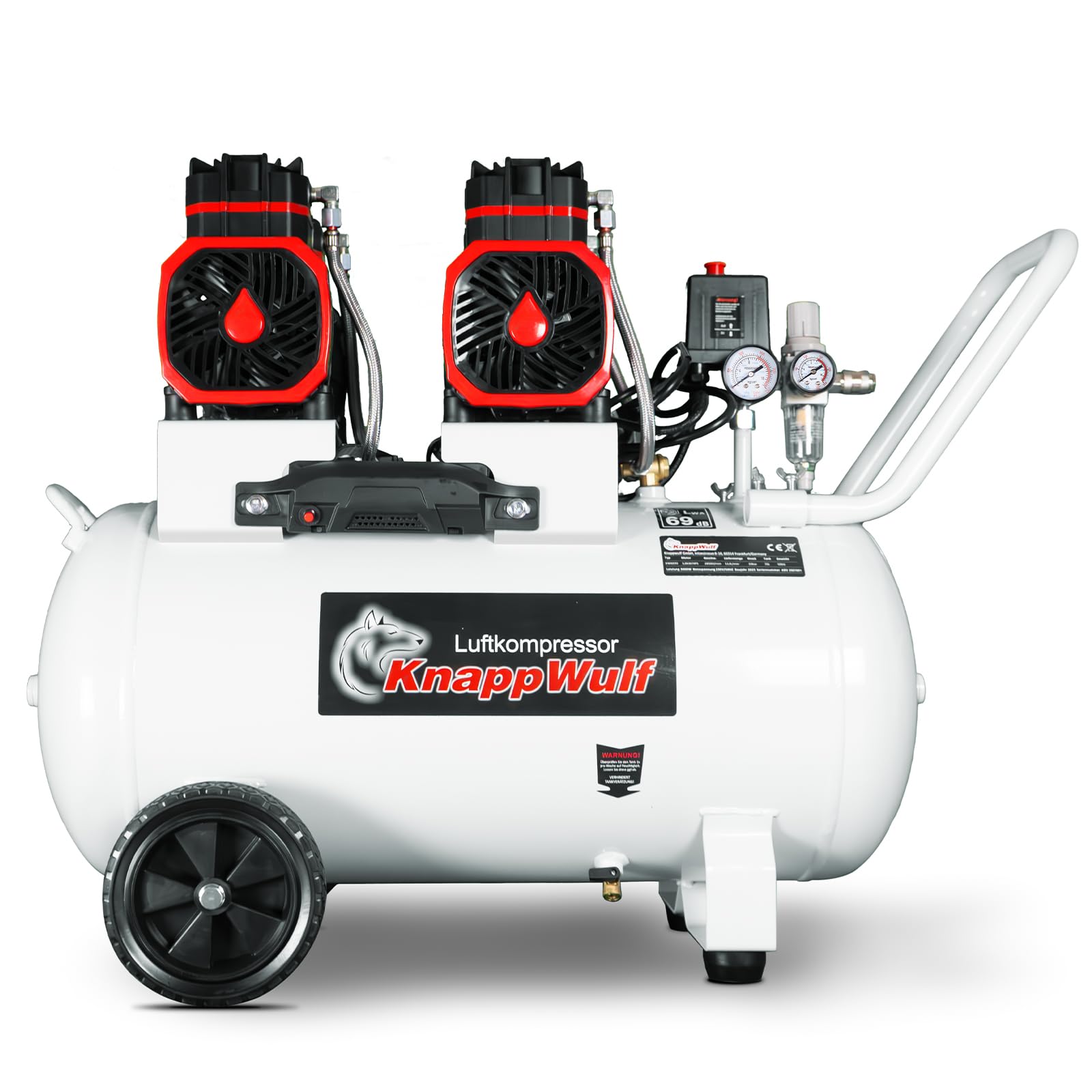 KnappWulf Compresor silencioso, 10 bar, 70 L, 3000 W, 4 PS, 69 dB, 512 l/min, caudal de aire, con separador de agua, silencioso, 230 V, compresor de aire KW6070, motores sin escobillas