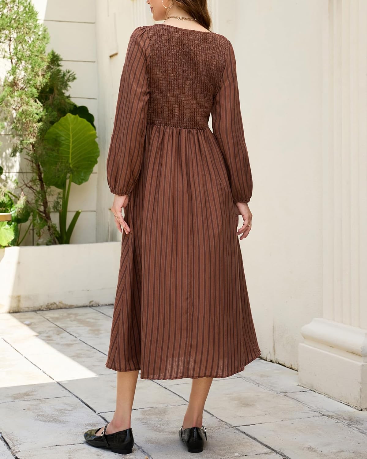 Women's Striped Long Sleeve Midi Dress Smocked Swing A Line Casual Dress with Pockets - Image 5