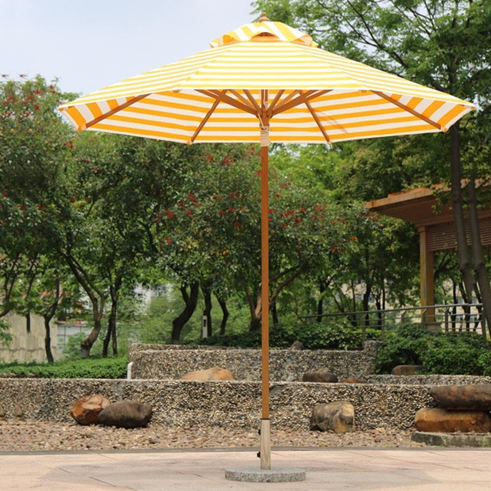 Parasol ogrodowy 270 cm w żółto-białe paski,z drewnianym trzonkiem, UPF 50+