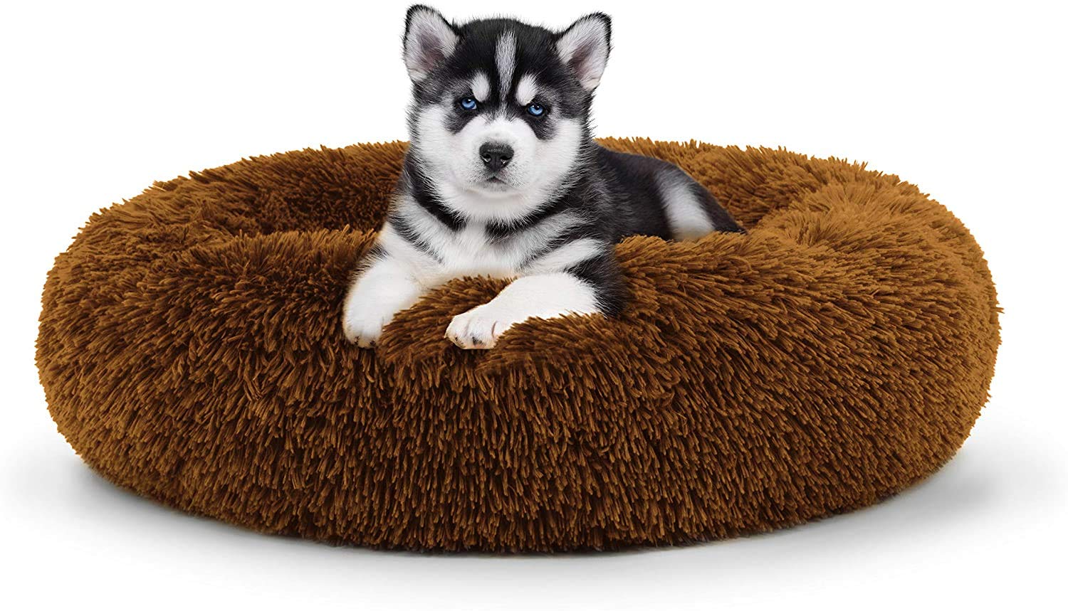 OKJ Dog Cat Bed Plush Donut for Large Medium Small Dog Cat Calming Fluffy Soft Cuddler Round Pet Nest Orthopedic Relief & Improved Sleeping with Anti-Slip Bottom (70CM,Teddy Bear Brown Plush)