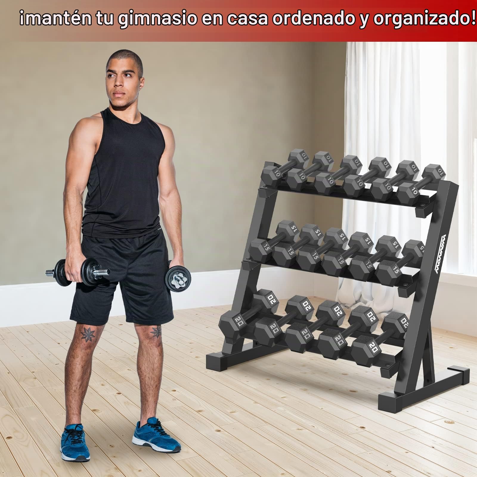 WINNOW, estante para mancuernas de 3 niveles, gimnasio en casa, soporte de almacenamiento para mancuernas, estante de almacenamiento de pesas para mancuernas