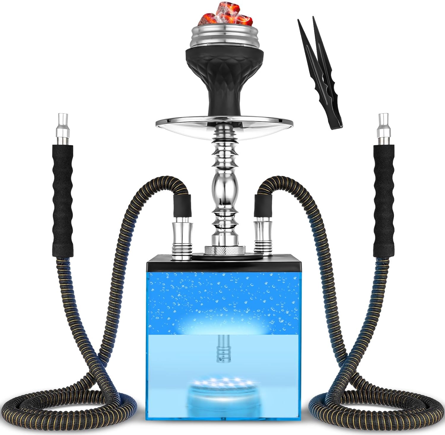 2 Hose Hookah Set Micro Cube Acrylic Hookah With Silicone Bowl Coal Tong Hookah Charcoal Holder Magical Remote LED Light for Better Shisha Narguile Smoking