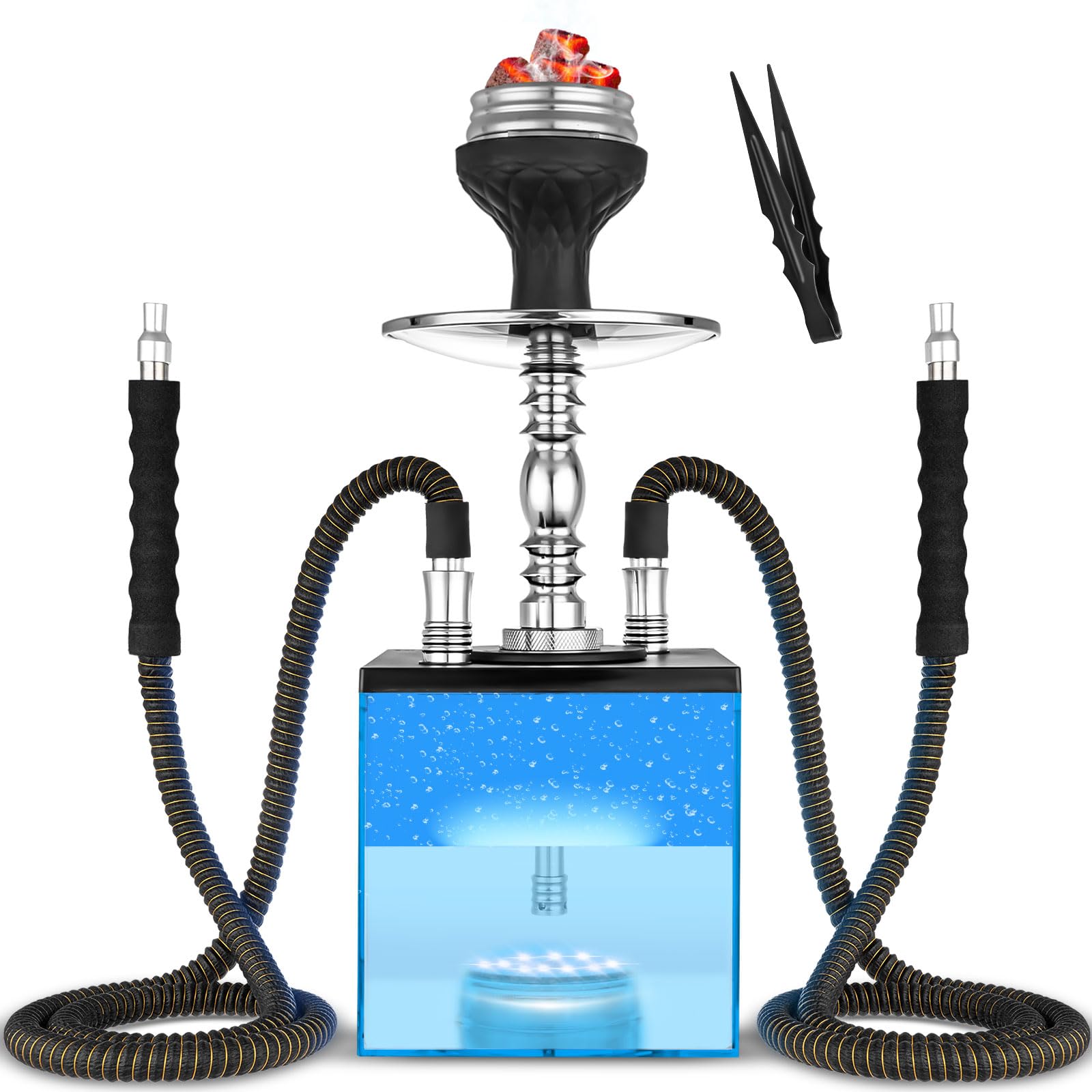 2 Hose Hookah Set Micro Cube Acrylic Hookah With Silicone Bowl Coal Tong Hookah Charcoal Holder Magical Remote LED Light for Better Shisha Narguile Smoking