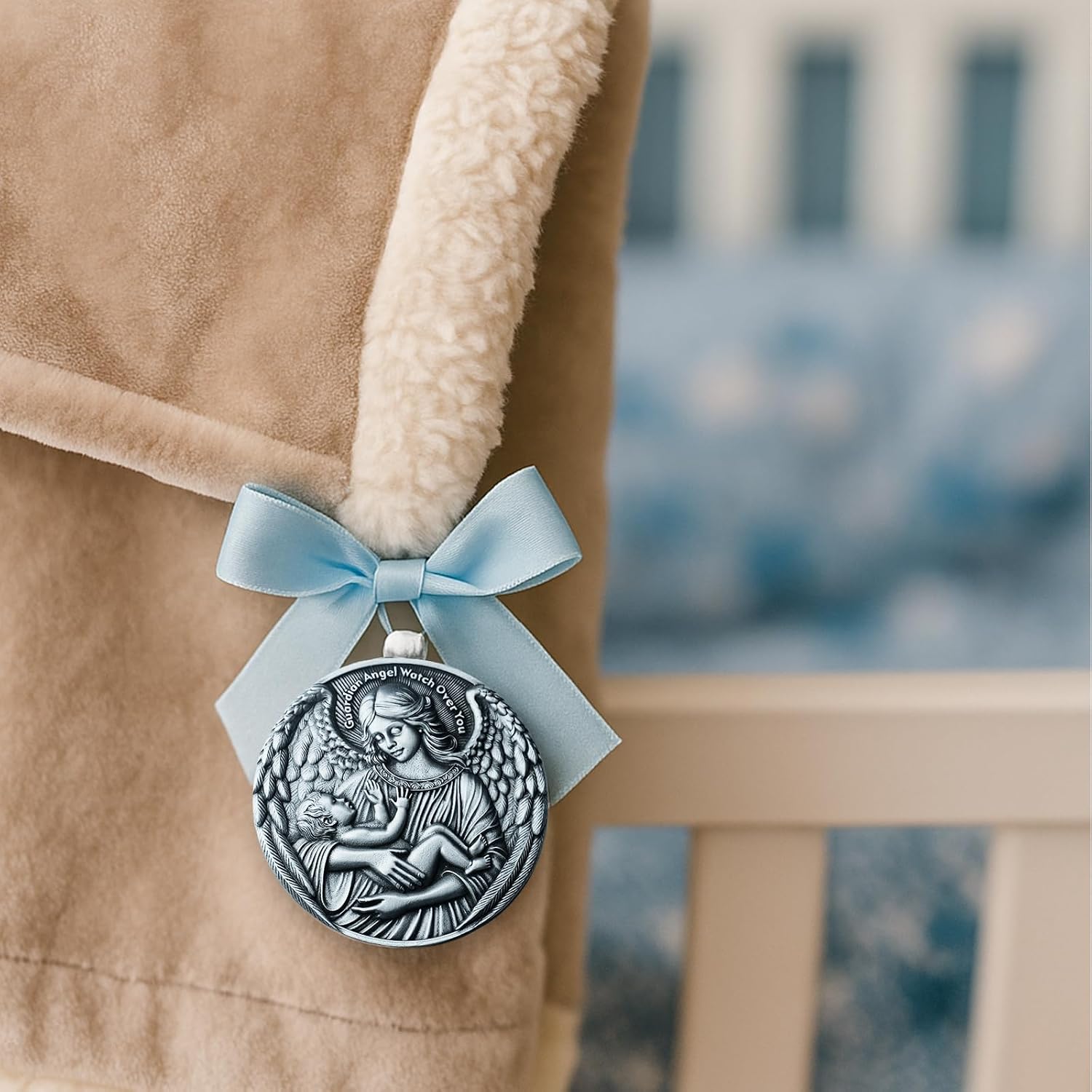 Guardian Angel Crib Medal with White Ribbon - 3" Silver Tone Nursery Wall Decor, Religious Catholic Baptism Christening Gift for Baby Boy Girl, or Infant Loss Memorial Keepsake