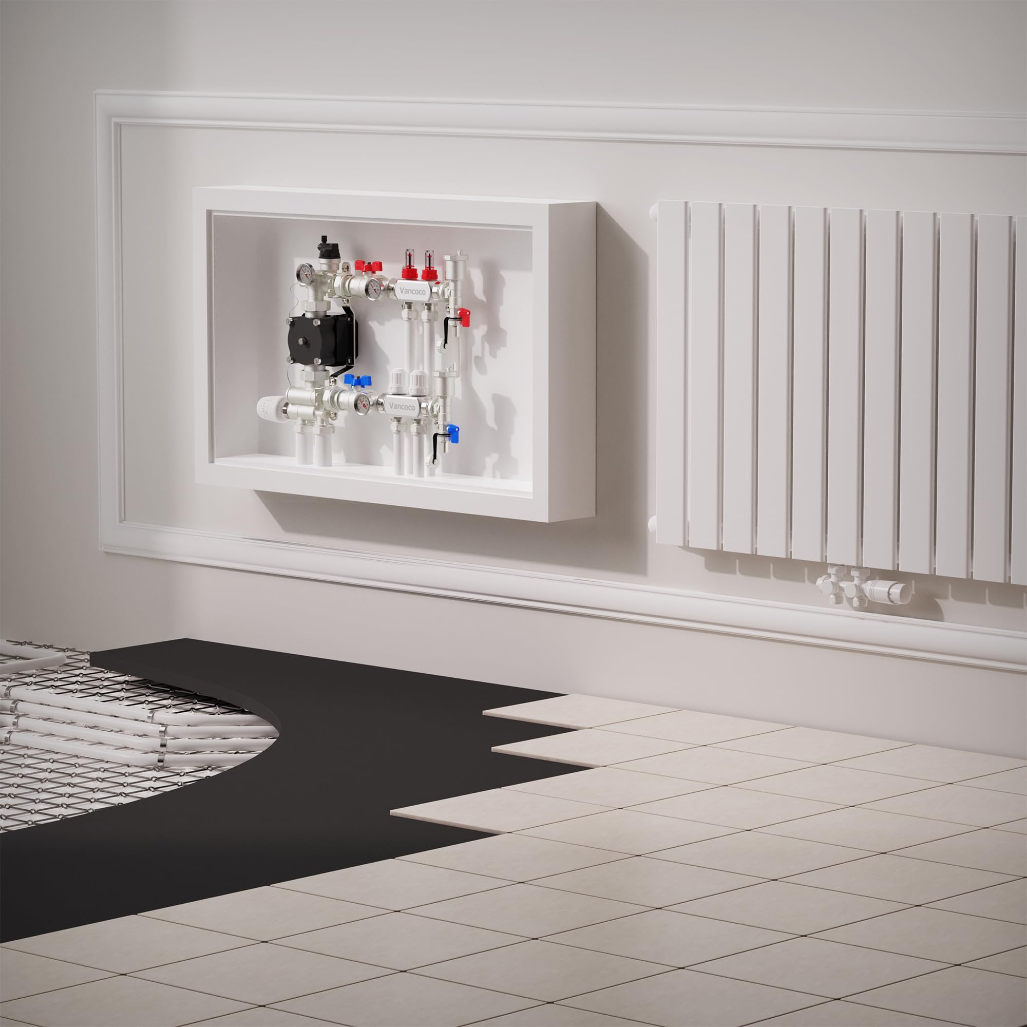 VANCOCO Collecteur Plancher Chauffage Acier Inoxydable 2 Circuits Chauffage au Sol,Raccord Eurokonus 16 × 2 mm,Débitmètre 5 L/min,Vannes à Bille 1",Kit de Purge Rapide
