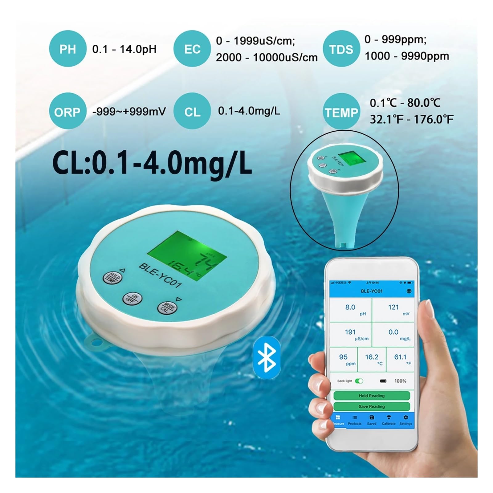 Digitales pH-Meter, 6-in-1-Wasserqualitätsdetektor PH EC TDS ORP Temperatur Chlor Multifunktions-Wassertester APP Online-Monitor for Schwimmbäder(7 in 1)
