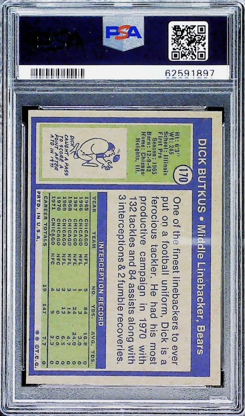 1972 Topps Football #170 Dick Butkus Chicago Bears PSA 7 NM Trading Card