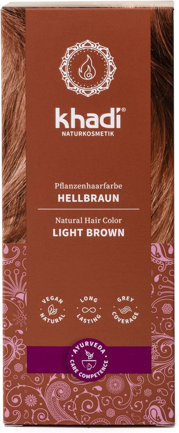 khadi LIGHT BROWN Vegetable Hair Color, Leaves your hair shine in a unique warm, soft brown shade, 100% vegetable, natural & vegan, certified natural cosmetics, 100g