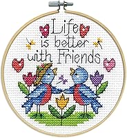 Design Works Crafts Friends Counted Cross Stitch Kit - Complete 4" Beginner Set with 14ct Cotton Aida, Floss & Hoop, Made in USA