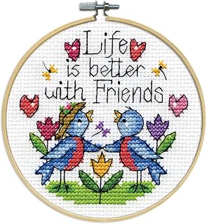 Design Works Crafts Friends Counted Cross Stitch Kit - Complete 4" Beginner Set with 14ct Cotton Aida, Floss & Hoop, Made in USA
