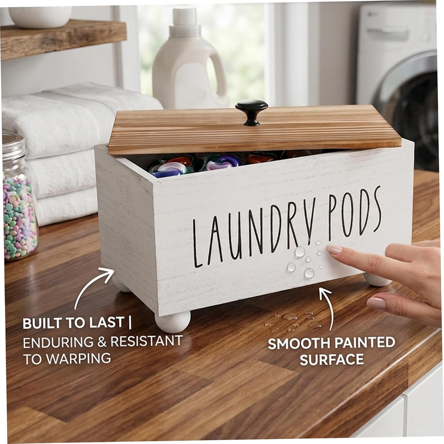 Laundry Pod Holder, Laundry Pod Holder with Lid & Compartments, Wooden Multi-Use Dryer Sheet Container, Wood Bathroom Organizer Box for Cotton Balls, Feminine Products (White) image 4