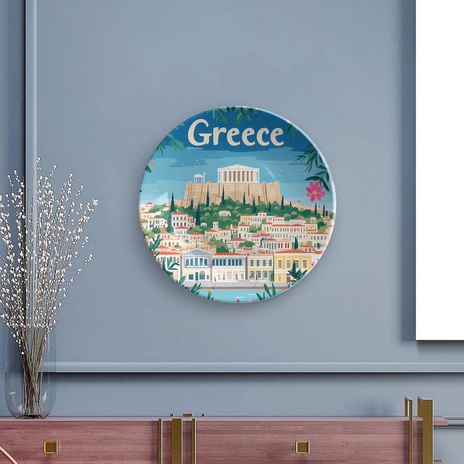 Greek Greece Picture Custom Bone China Decorative Plate Ceramic Decorative Plate with Display Stand for Home Office Wall Decor