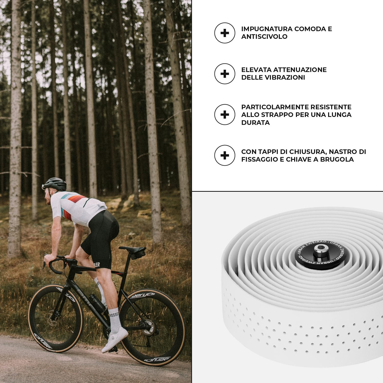 URBAN ZWEIRAD - Nastro per manubrio bicicletta da corsa Extra Dry, bianco, nastro autoadesivo con terminali per manubrio in alluminio, nastro per manubrio bici da corsa, bici da gravel
