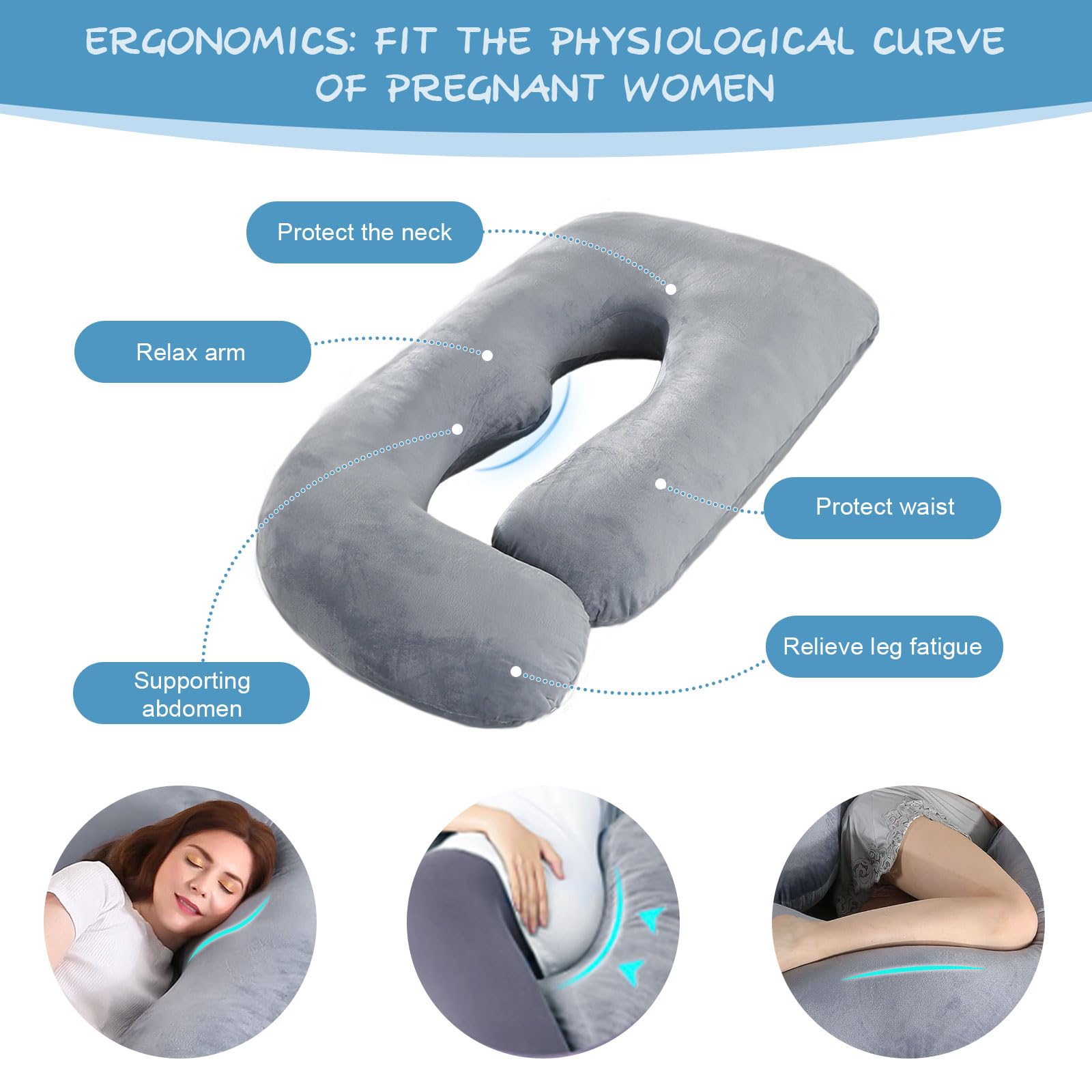 Almohada para Embarazadas, Almohada de Embarazo, Almohada de Cuerpo Completo en Forma de J, Almohada de Lactancia con Funda de Terciopelo Extraíble y Lavable,145x70 cm(Gris Claro)