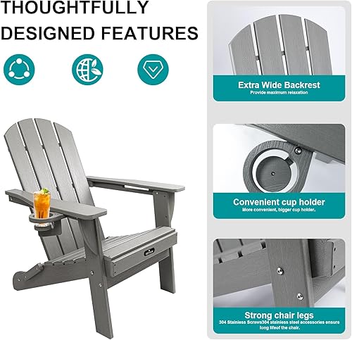 Miniatura 4 de Silla Adirondack plegable, silla de patio plegable para todo tipo de clima con portavasos, silla para hoguera de polietileno de alta densidad al
