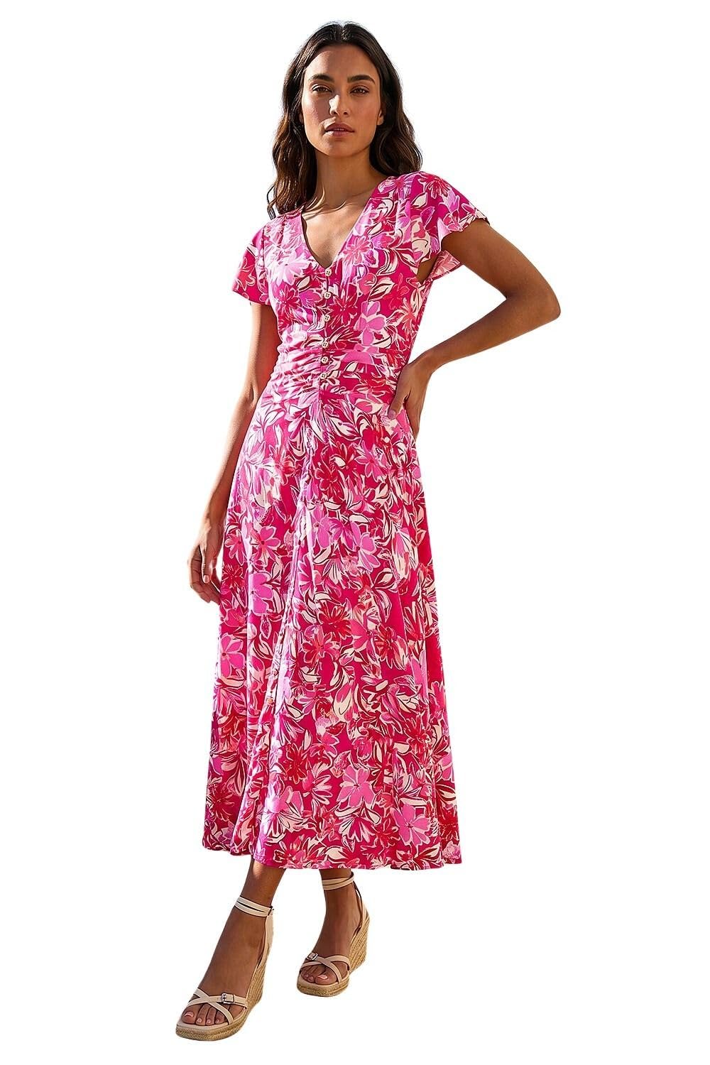 Roman Women's Pink Floral Ruched Waist Midi Dress In | Size: 12